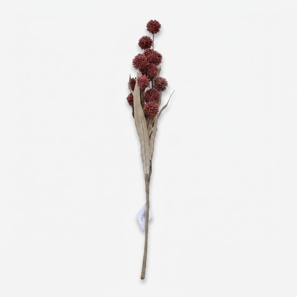 Premium Elegant Artificial Burgundy Decorative Ball Flower Stem with Leaves for Home Decor