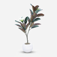 Artificial Green & Brown Leaf Plant with White Flowers, Multicolour Decorative Potted Plant for Home Décor & Gifting