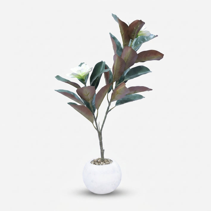 Premium Charming Artificial Burgundy Green Leaf Plant with White Flower Pot for Home Decoration