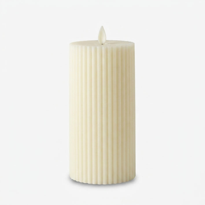 Tall Cream LED Pillar Candle, Plastic Flameless Decorative Candle / Battery Operated Ribbed Candle / Home Pooja & Event Décor