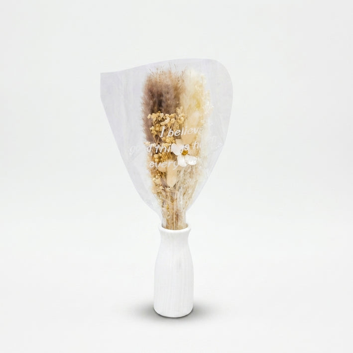 Artificial Dried Flowers with White Pot, Cream & White Decorative Flower Vase / Tabletop Floral Arrangement / Home & Office Décor