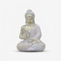 White & Golden Sitting Buddha Showpiece, Resin Buddha Figurine / Spiritual Tabletop Statue / Home Temple & Meditation Décor