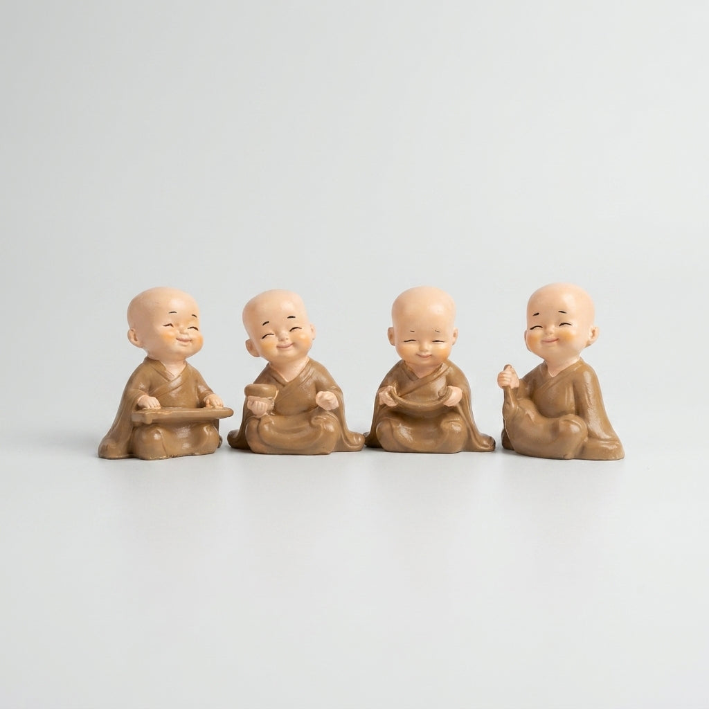 Premium Elegant Set of 4 Laughing Buddha Monk Figurines Decorative Home Decor