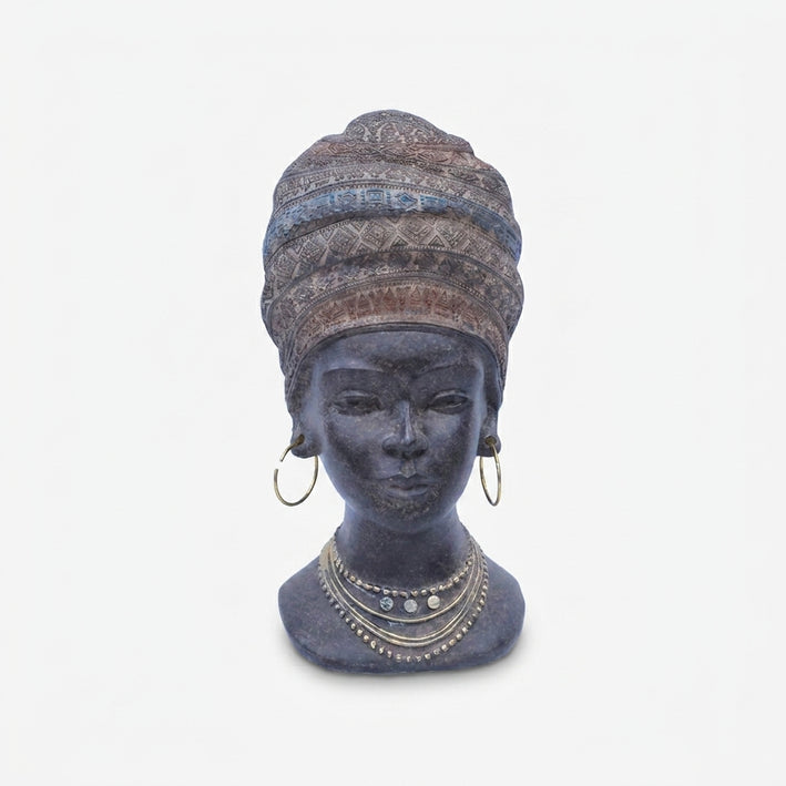 African Lady Face Bust Showpiece, Multicolour Resin Female Face Figurine / Tribal Head Sculpture / Decorative Tabletop Home Décor
