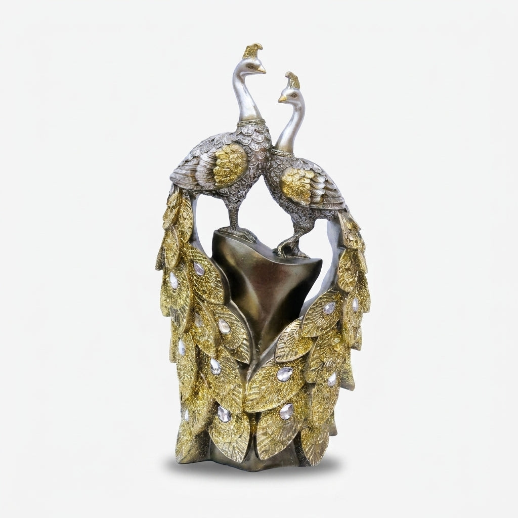 Decorative Peacock Couple Showpiece, Golden Resin Peacock Figurine / Peacock Vase Style Tabletop Décor / Premium Home Decoration