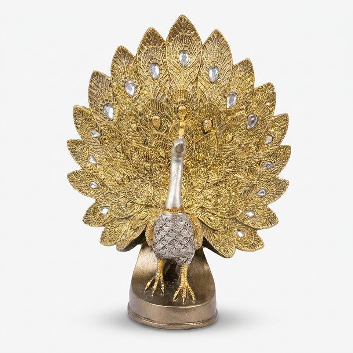 Golden Peacock Showpiece, Resin Decorative Peacock Figurine / Standing Peacock Statue / Tabletop Home & Office Décor