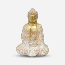 White & Golden Standing Buddha Showpiece, Multicolour Resin Buddha Figurine / Spiritual Tabletop Statue / Home Temple & Meditation Décor