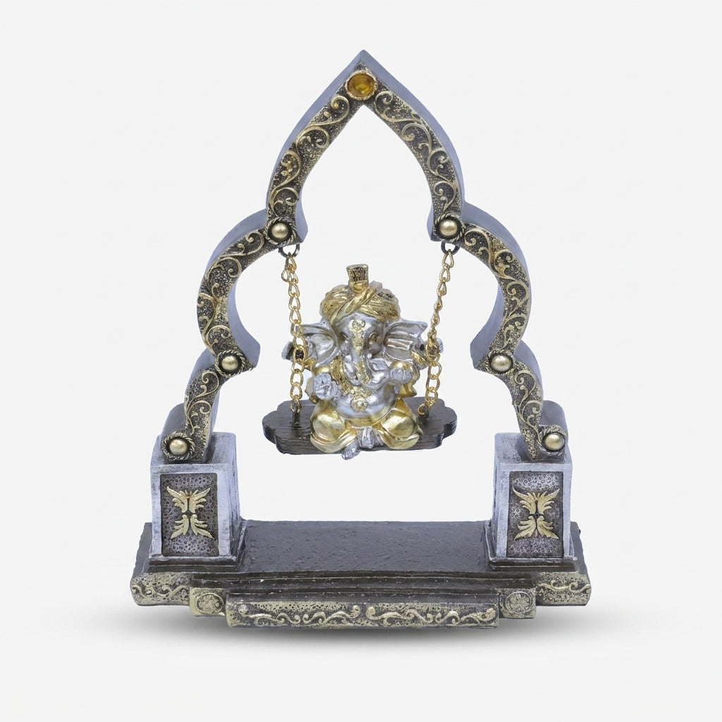 Swing Ganesha Showpiece, Brown & Golden Resin Ganesh Ji Jhula Idol / Spiritual Tabletop Statue / Home Temple & Pooja Décor
