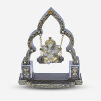 Swing Ganesha Showpiece, Brown & Golden Resin Ganesh Ji Jhula Idol / Spiritual Tabletop Statue / Home Temple & Pooja Décor