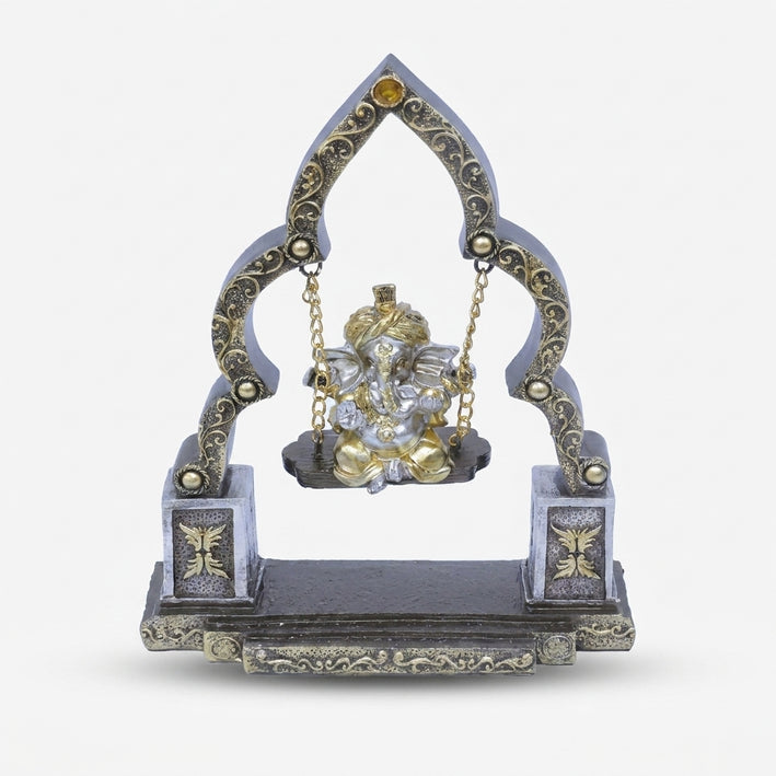 Swing Ganesha Showpiece, Brown & Golden Resin Ganesh Ji Jhula Idol / Spiritual Tabletop Statue / Home Temple & Pooja Décor