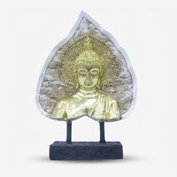 Golden Buddha Face Leaf Showpiece, Multicolour Resin Buddha Bust Figurine / Spiritual Tabletop Statue / Home Temple & Meditation Décor
