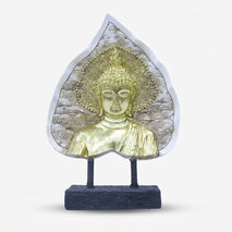 Golden Buddha Face Leaf Showpiece, Multicolour Resin Buddha Bust Figurine / Spiritual Tabletop Statue / Home Temple & Meditation Décor