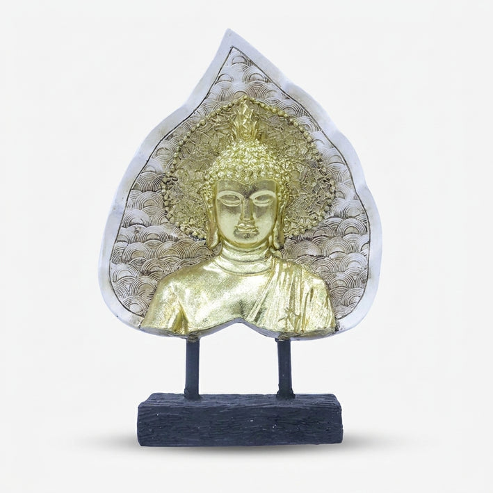 Golden Buddha Face Leaf Showpiece, Multicolour Resin Buddha Bust Figurine / Spiritual Tabletop Statue / Home Temple & Meditation Décor