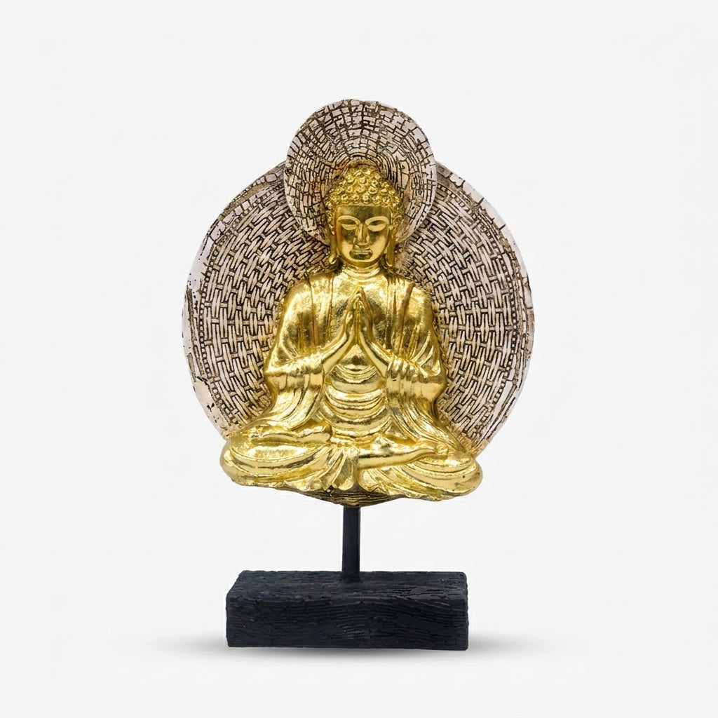 Golden Namaste Buddha Showpiece, Resin Buddha Figurine with Halo / Spiritual Tabletop Statue / Home Temple & Office Décor