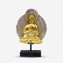 Golden Namaste Buddha Showpiece, Resin Buddha Figurine with Halo / Spiritual Tabletop Statue / Home Temple & Office Décor