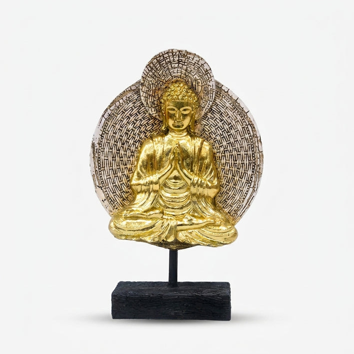 Golden Namaste Buddha Showpiece, Resin Buddha Figurine with Halo / Spiritual Tabletop Statue / Home Temple & Office Décor