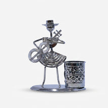 Metal Musician Pen Stand Showpiece, Silver Guitar Player Desk Organizer / Decorative Tabletop Pen Holder / Office & Study Table Décor