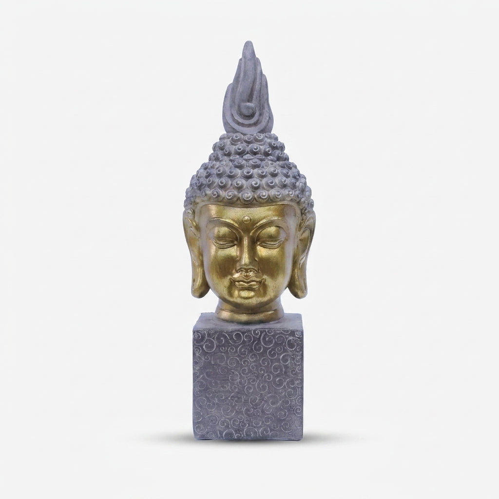 Golden Buddha Head Showpiece, Multicolour Resin Buddha Face Statue / Spiritual Tabletop Figurine / Home Temple & Meditation Décor