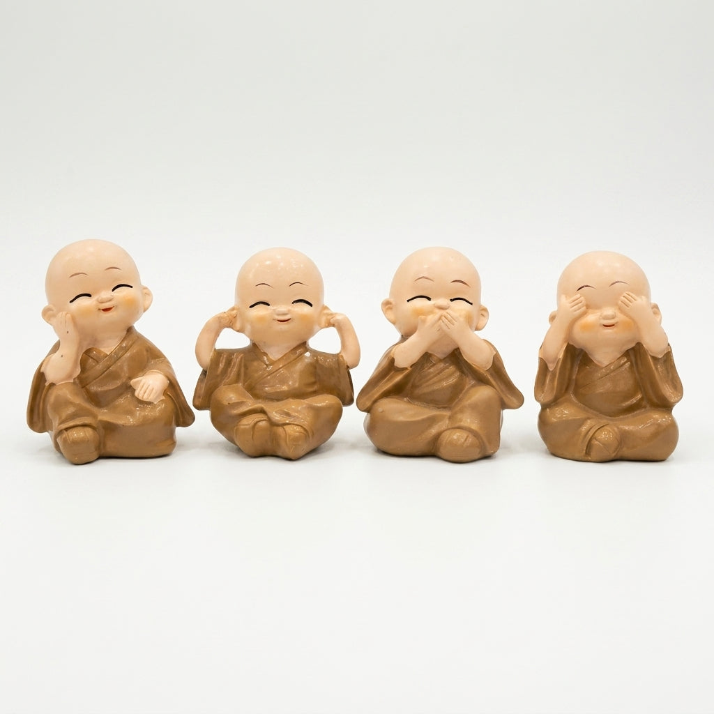 Cute Baby Monk Showpiece Set, Cream Resin Decorative Monk Figurines / Spiritual Tabletop Statue Set for Home Décor, Office Décor & Gifting