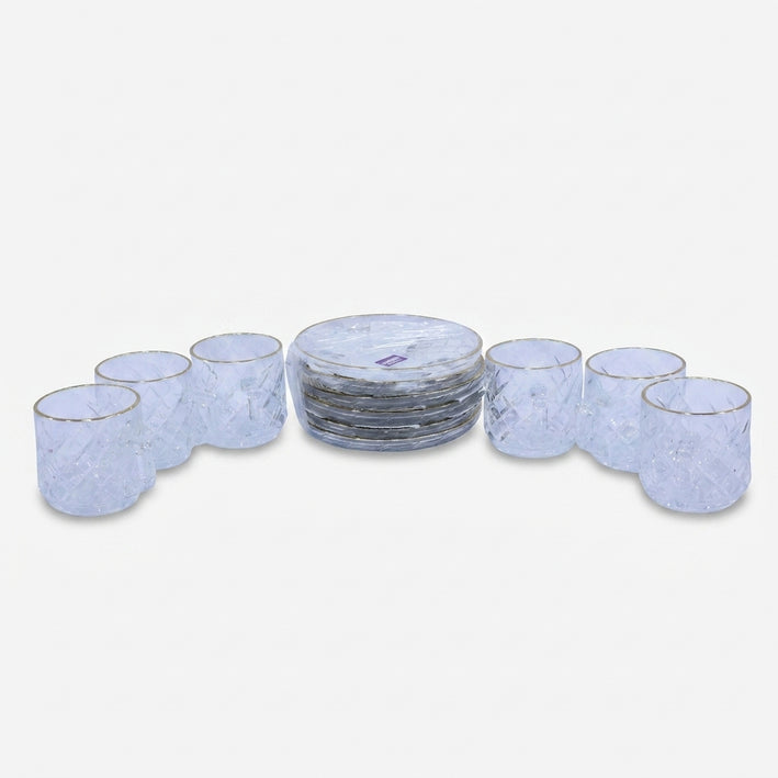 Clear Glass Cup & Saucer Set with Golden Rim, Crystalline Glass Tea Cup Plate Set / Coffee Serving Set for Home & Gifting