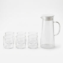 Clear Glass Water Container with 6 Cup Set, Glassware Beverage Serving Set / Water Jug Set for Home, Dining Table & Gifting