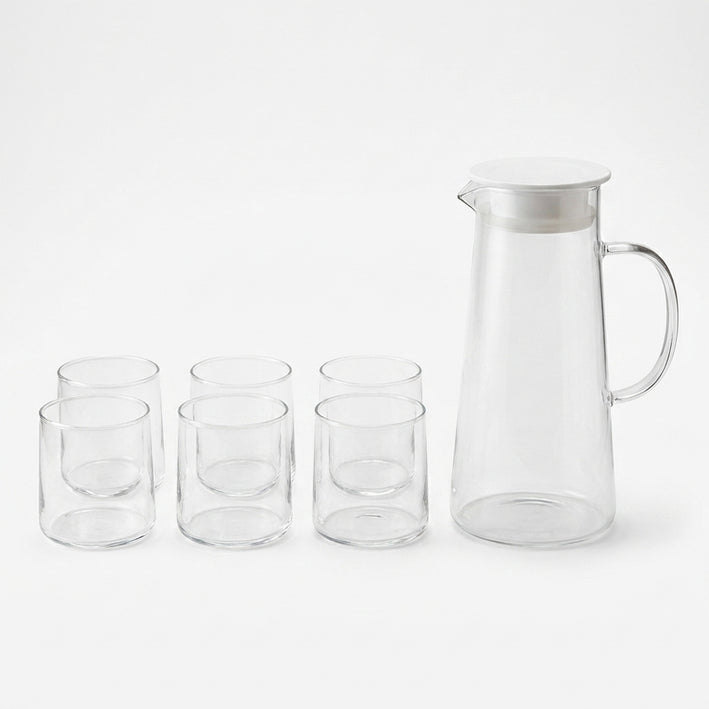 Clear Glass Water Container with 6 Cup Set, Glassware Beverage Serving Set / Water Jug Set for Home, Dining Table & Gifting