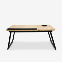 Cream Foldable Study Bed Table with Cup Holder & Tablet Slot, Wood and Iron Laptop Table / Activity Table for Home Use