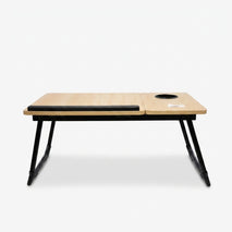 Cream Foldable Study Bed Table with Cup Holder & Tablet Slot, Wood and Iron Laptop Table / Activity Table for Home Use