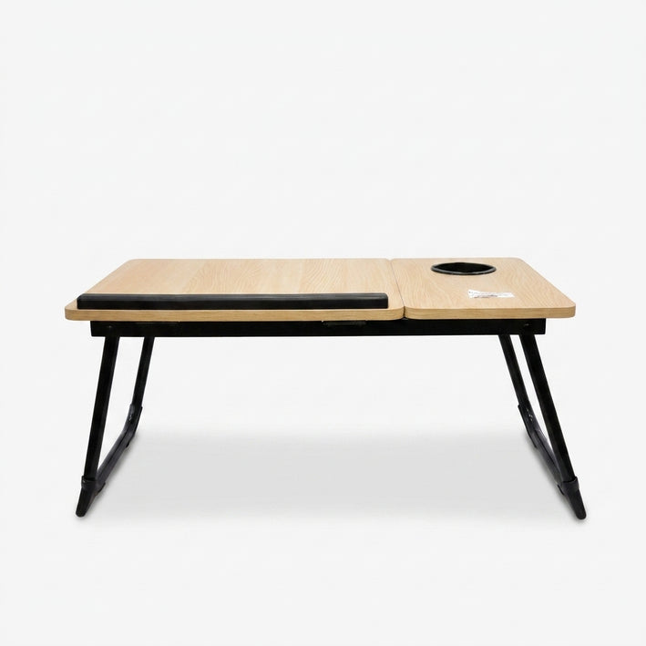 Cream Foldable Study Bed Table with Cup Holder & Tablet Slot, Wood and Iron Laptop Table / Activity Table for Home Use