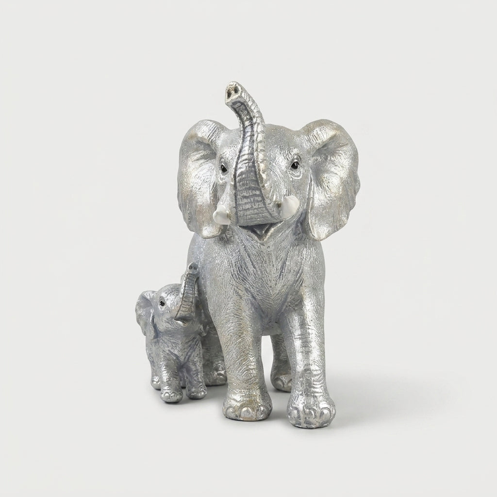 Silver Elephant Family Showpiece, Resin Elephant with Baby Figurines / Decorative Animal Statue for Home Décor & Gifting