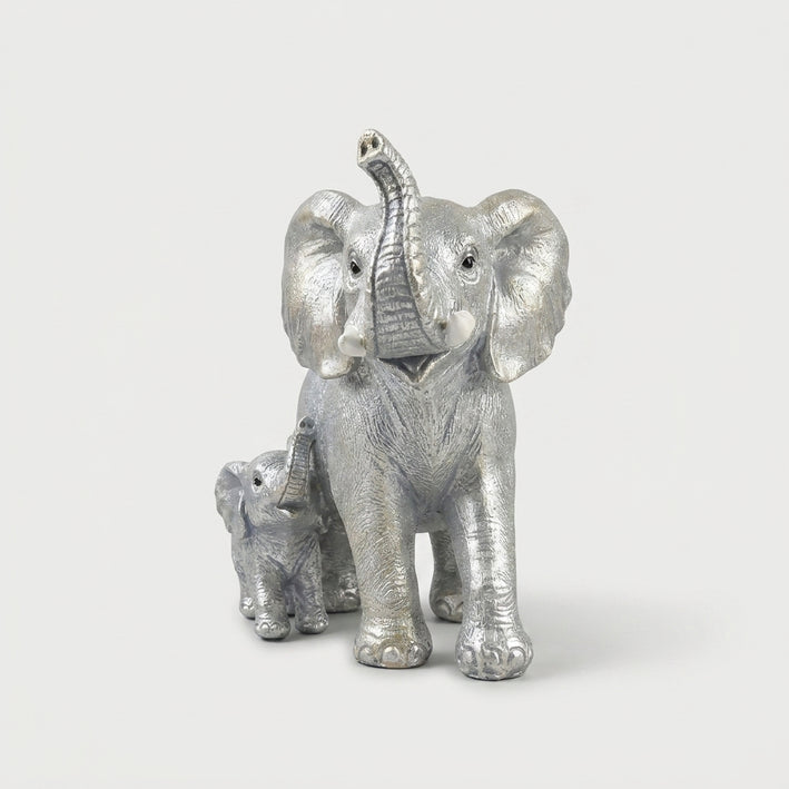 Silver Elephant Family Showpiece, Resin Elephant with Baby Figurines / Decorative Animal Statue for Home Décor & Gifting