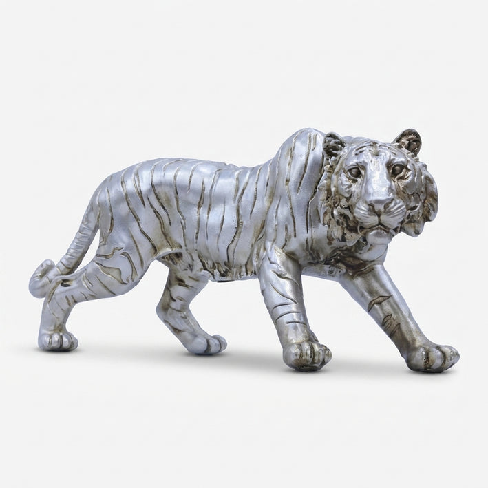 Silver Tiger Showpiece, Resin Walking Tiger Figurine / Premium Animal Statue for Home & Office Décor