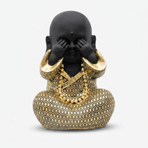 Baby Monk Showpiece with See No Evil Pose, Golden & Black Resin Decorative Monk Figurine / Spiritual Tabletop Statue for Home Décor, Office Décor & Gifting