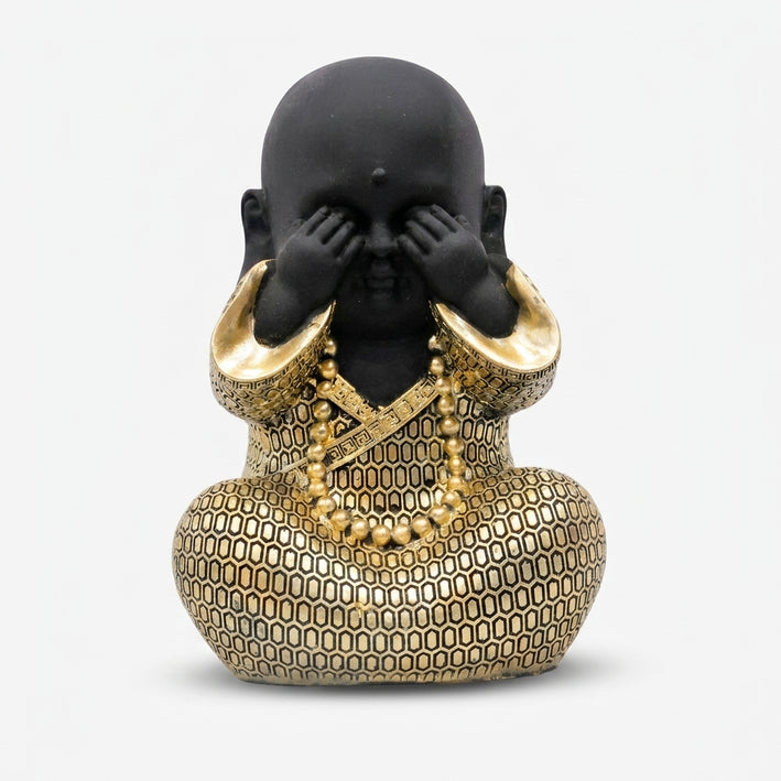 Baby Monk Showpiece with See No Evil Pose, Golden & Black Resin Decorative Monk Figurine / Spiritual Tabletop Statue for Home Décor, Office Décor & Gifting