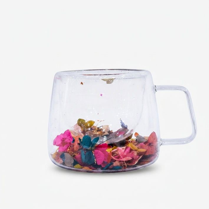 Clear Glass Mug with Dried Flower Design, Crystalline Glass Decorative Cup / Floral Tea Coffee Mug for Home, Office & Gifting