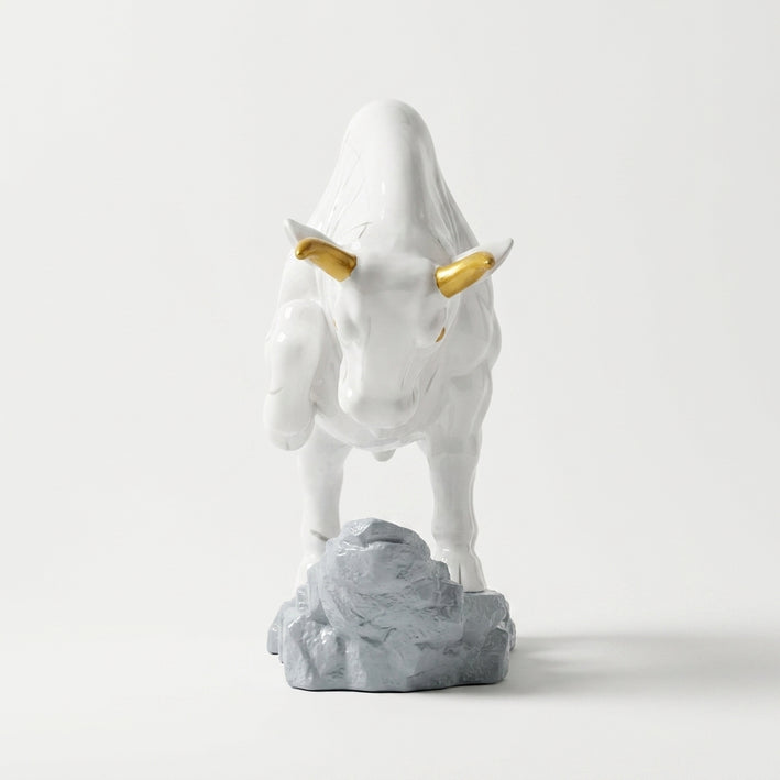 White Bull Showpiece with Golden Horns, Policeramic Decorative Bull Figurine / Tabletop Statue for Home & Office Décor