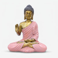 Lord Buddha Showpiece in Pink Robe, Multicolour Resin Buddha Statue / Spiritual Tabletop Figurine for Home Décor, Meditation Room & Gifting