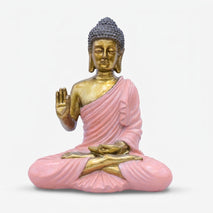 Lord Buddha Showpiece in Pink Robe, Multicolour Resin Buddha Statue / Spiritual Tabletop Figurine for Home Décor, Meditation Room & Gifting