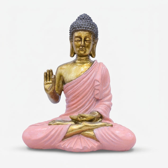Lord Buddha Showpiece in Pink Robe, Multicolour Resin Buddha Statue / Spiritual Tabletop Figurine for Home Décor, Meditation Room & Gifting