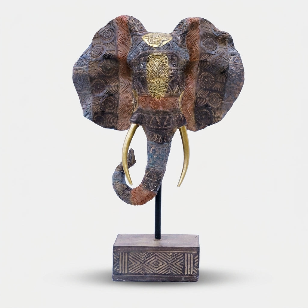 Elephant Face Showpiece with Stand, Multicolour Resin Decorative Elephant Head Figurine / Tabletop Statue for Home Décor, Office Décor & Gifting