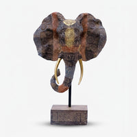 Premium Tribal Carved Elephant Head Bust on Stand - African Antique Decor Statue with Golden Tusks & Ornate Patterns