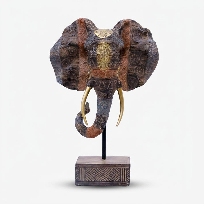Premium Tribal Carved Elephant Head Bust on Stand - African Antique Decor Statue with Golden Tusks & Ornate Patterns
