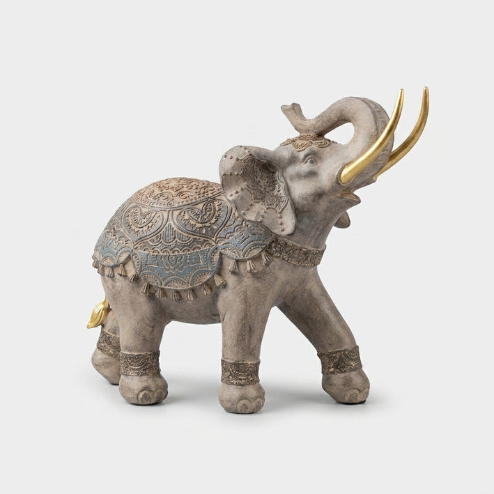 Premium Trunk-Up Royal Elephant Statue - Antique Resin Feng Shui Elephant Figurine with Golden Tusks & Carved Blanket