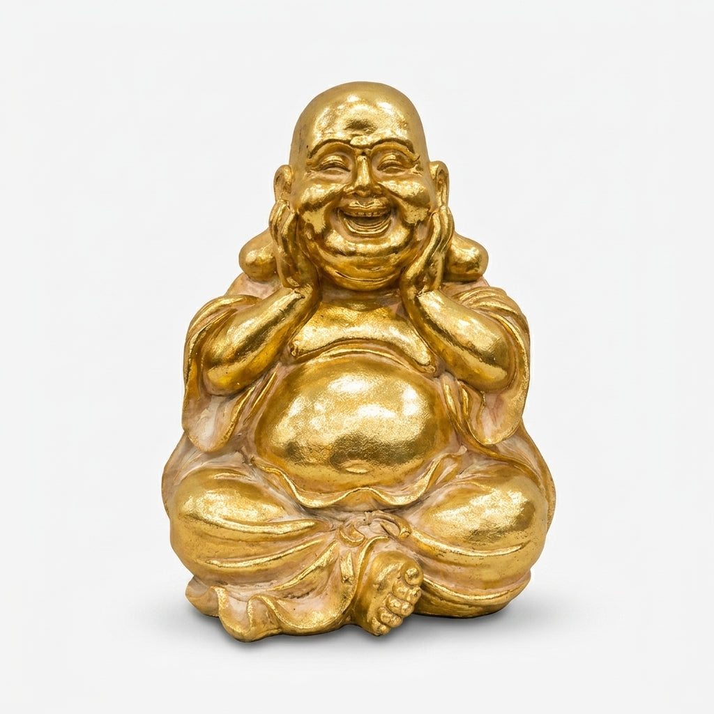 Premium Golden Laughing Buddha Statue - Joyful Seated Hotei Resin Idol for Feng Shui & Home Decor