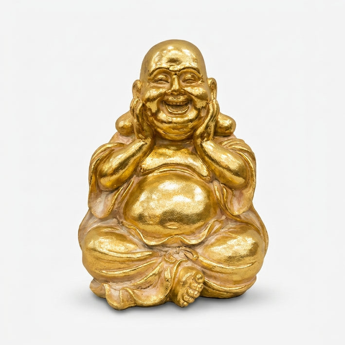 Premium Golden Laughing Buddha Statue - Joyful Seated Hotei Resin Idol for Feng Shui & Home Decor