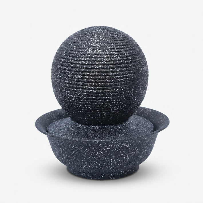 Premium Modern Sphere Indoor Tabletop Water Fountain - Black Speckled Ribbed Ball Fountain for Home & Office Decor