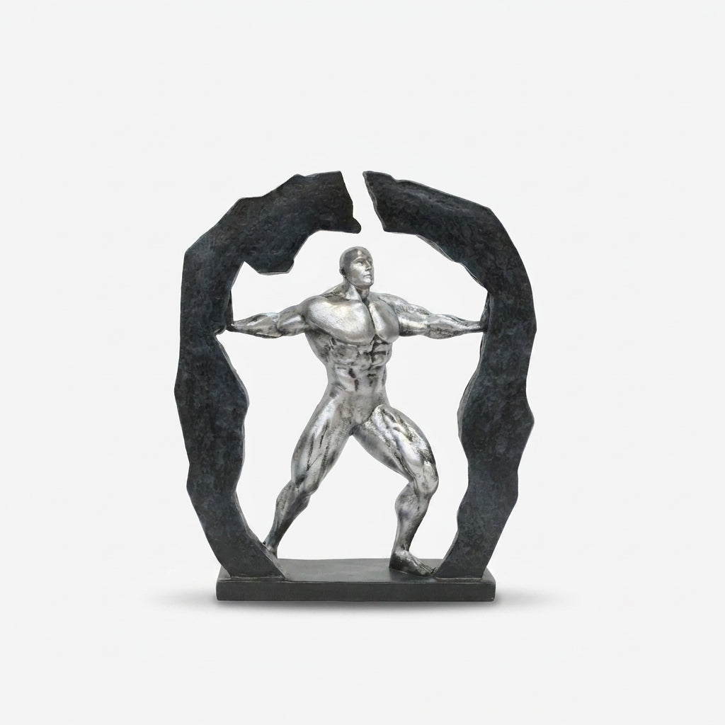 Silver Bodybuilder Showpiece with Black Rock Frame, Resin Fitness Figurine / Motivational Tabletop Statue / Home & Office Décor