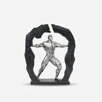 Silver Bodybuilder Showpiece with Black Rock Frame, Resin Fitness Figurine / Motivational Tabletop Statue / Home & Office Décor