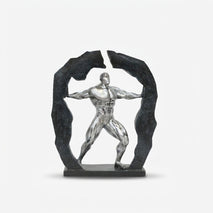 Silver Bodybuilder Showpiece with Black Rock Frame, Resin Fitness Figurine / Motivational Tabletop Statue / Home & Office Décor