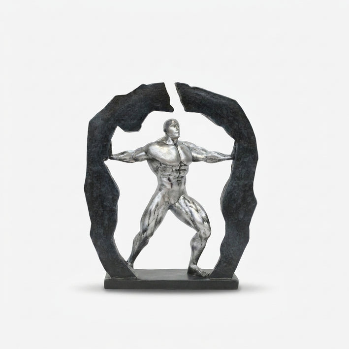 Silver Bodybuilder Showpiece with Black Rock Frame, Resin Fitness Figurine / Motivational Tabletop Statue / Home & Office Décor